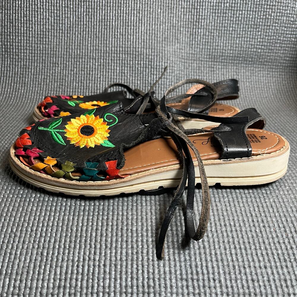 Huarache Sandals Womens 9 Black Floral Embroidered Slingback Handmade‎ Mexican
